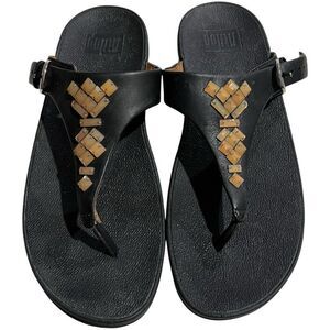 FitFlop Black Faux Leather Rhinestone Flip Flop Sandals -‎ Women’s Size 8